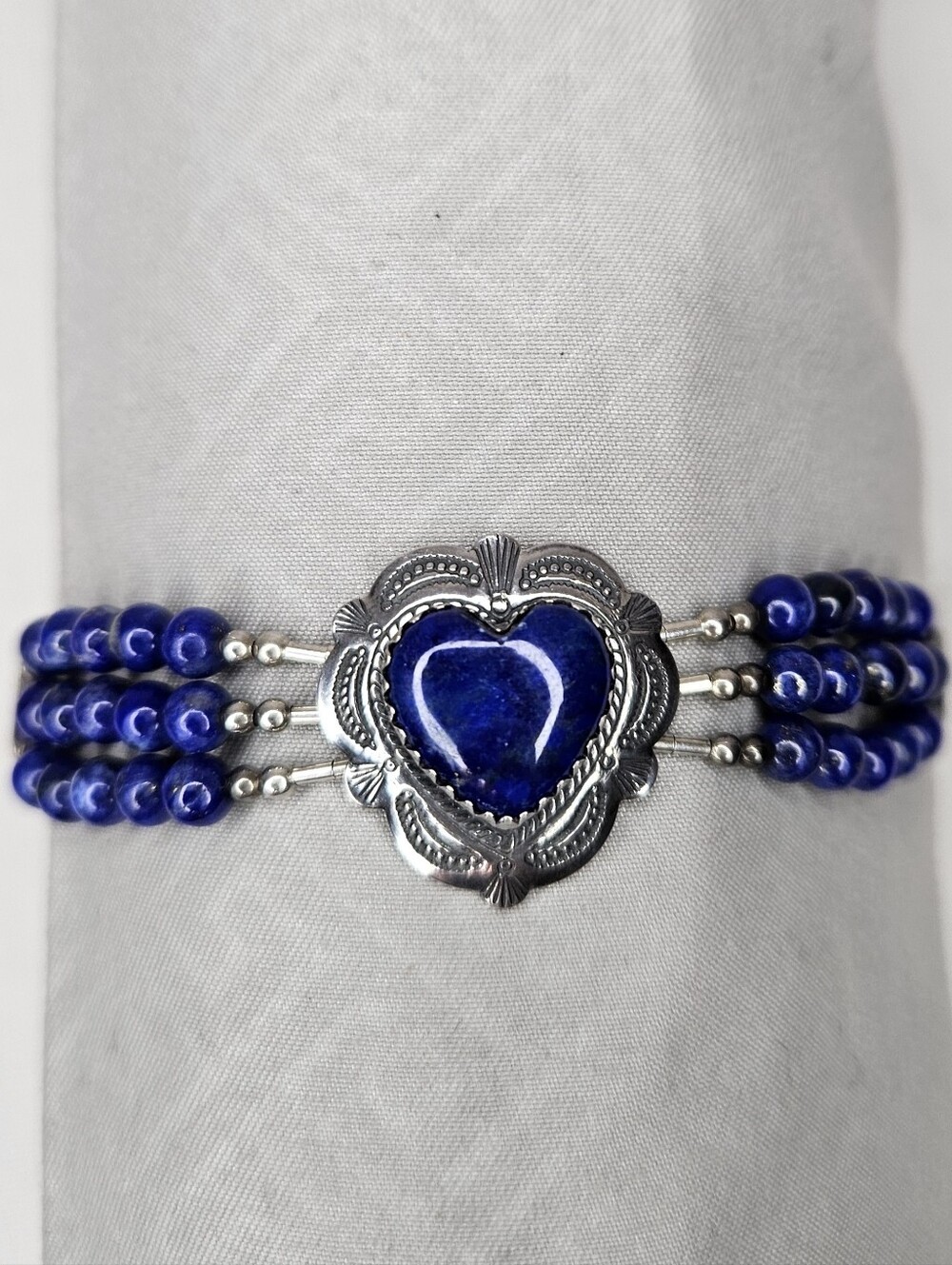 Carolyn Pollack QT Sterling Silver Lapis Lazuli Heart Multi Strand Bracelet EUC